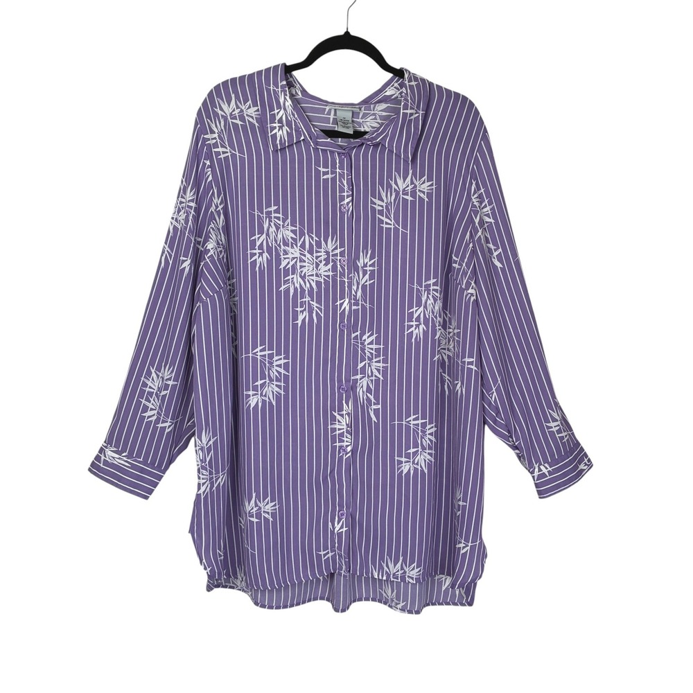 Catherines Womens Bamboo Printed Button Down Shirt Size 1X Purple Artsy